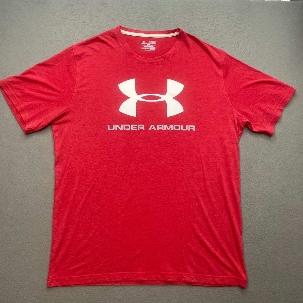Under Armour Men T-Shirt Red Heathered XL Loose HeatGear Athletic Big Logo